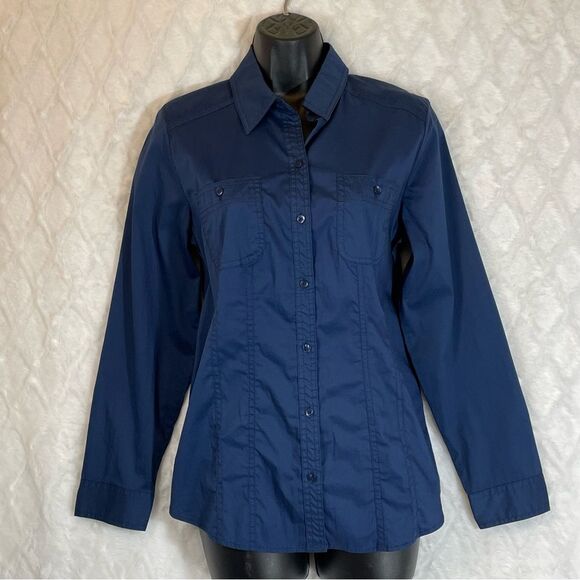 NWT Chico’s Casual Cotton Button Down Collared Long Sleeve Shirt Blue Size 0 - Picture 1 of 16